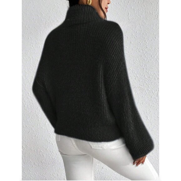 Black Fuzzy Turtleneck Drop Shoulder Sweater Pullover - Picture 2 of 6